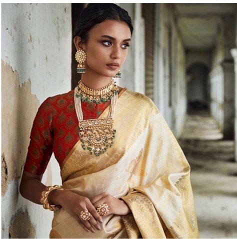 Saree Portrait, Kundan Pendants, Gaurang Shah, Sacramento Green, Kerala Jewellery, Contemporary Saree, Red Silk Blouse, Golden Saree, Indian Illustration