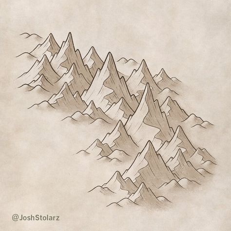 How to Draw Mountains On a Map — MapEffects | Josh Stolarz Drawing Ideas Mountains, Fantasy Map Drawing, Map Drawing Ideas, Fantasy Map Drawing Ideas, How To Draw Mountains, Map Effects, Drawing Mountains, Simple Compass, Cartography Map