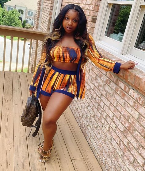 @colormenae on Instagram: “🧡💙 3 pc set from @fashionnova” Regina Carter, Reginae Carter, Toya Wright, Yellow Two Piece, Two Piece Shorts Set, Printed Crop Top, Crop Top Long, Bandeau Top, Women Set