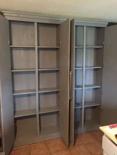 Free Standing Kitchen Pantry Ikea, Wall Pantry Ideas Storage, In The Wall Pantry, Open Shelf Pantry Wall, Pantry Behind Cabinets, Diy Built In Pantry Wall, How To Build A Pantry Wall, 4 Door Pantry Cabinet, Wall Of Pantry Cabinets Built Ins