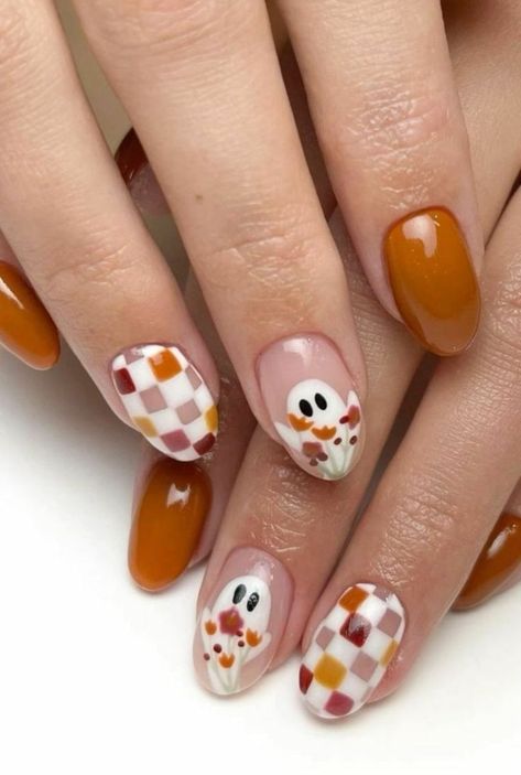 This Fall, explore a wide range of trendy nail designs, from rustic leaf patterns to cozy sweater textures. Embrace Autumn colors, featuring warm hues like burnt orange, deep reds, and earthy browns, for a chic and cozy look that complements the falling leaves and crisp weather. #red #nail #designs Fall Nails With Checkers, Fall Checkerboard Nails, Fall Nail Colors Designs, Checkered Nail Ideas, Checker Nails, Fun Fall Nails, Cute Fall Nail Designs, Construction Nails, Cute Fall Nails