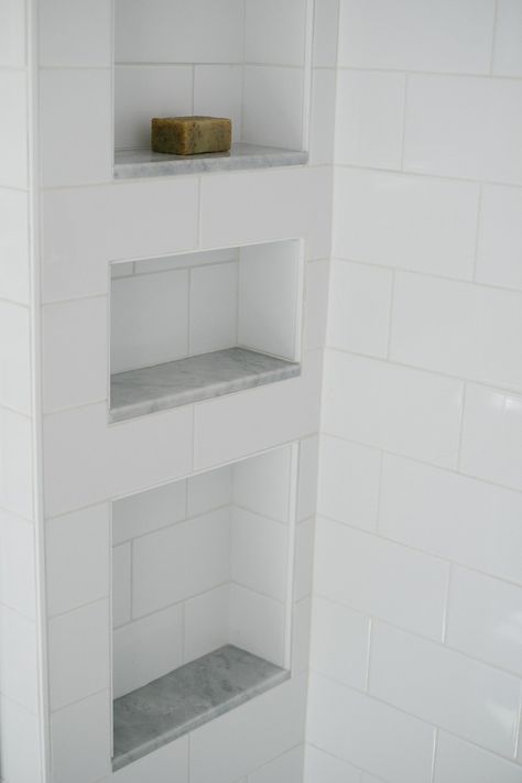 Schluter Tile Edge Shower Niche, Shower Niche Schluter Edge, Bullnose Tile Trim Shower Niche, Shower Niche With Bullnose Trim, Shower Niche With Marble Shelf, 3 Niche In Shower Wall, Shower Niche Schluter, Shower Pencil Trim, White Schluter Tile Edge Showers