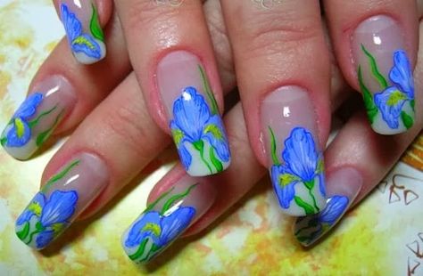 Iris Nails, Black Silver Nails, Tulip Nails, Silver Nail Designs, Nail Art Photos, Floral Nail Designs, Floral Nail Art, Latest Nail Art, Spring Nail Art