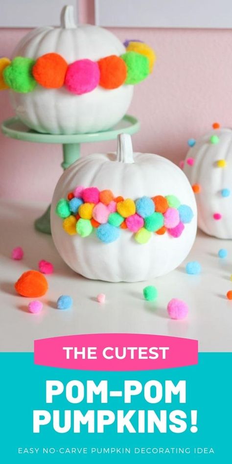 Decorate faux pumpkins with pom-poms for a simple no carve pumpkin decorating idea for Halloween! Pom Pom Pumpkins, No Carve Pumpkin, Decorated Pumpkins, Traditional Halloween, No Carve Pumpkin Decorating, Idea For Halloween, Easy Fall Decor, Diy Pom Pom, Faux Pumpkins