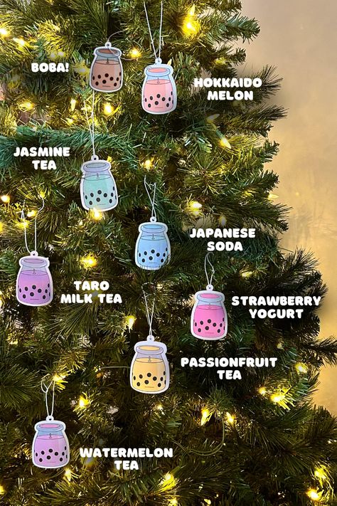 When your Christmas tree smells like boba because your car fresheners double as scented ornaments! Christmas Tree Smell, Passion Fruit Tea, Scented Ornaments, Boba Milk Tea, Boba Milk, Jasmine Tea, Strawberry Yogurt, Car Freshener, Passion Fruit