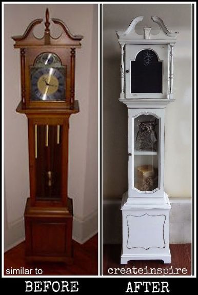 repurposed grandfather clock, chalkboard paint, painted furniture, repurposing upcycling Grandfather Clock Makeover, Repurposed Grandfather Clock, Grand Father Clock, Painted Clocks, Clock Makeover, Grandmother Clock, Homemade Modern, Grandfather Clocks, Clock Ideas