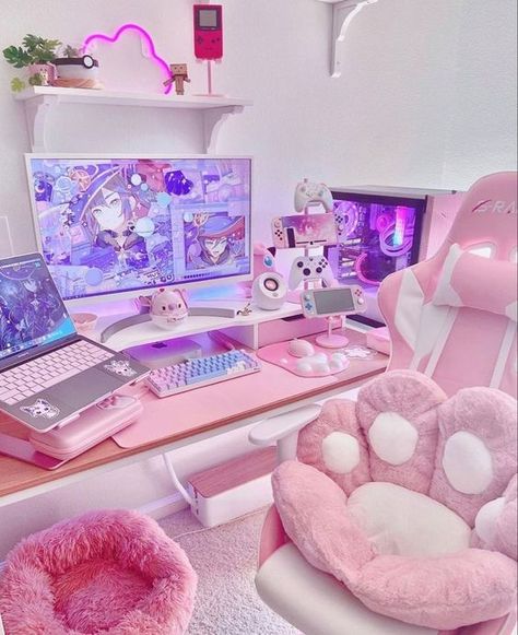 45 Awesome Aesthetic Gaming Setup Ideas | Displate Blog Caine Husky, Kawaii Room Ideas, Kawaii Bedroom, Gamer Setup, Pink Games, Kawaii Games, Gamer Room Decor, Otaku Room, Video Game Room Design