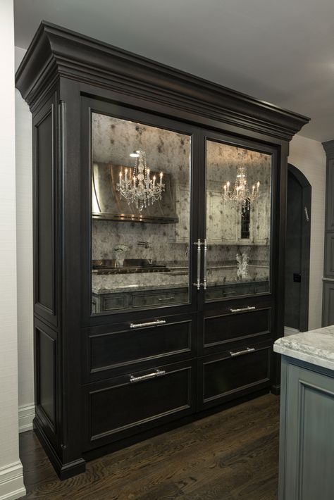 Hollywood Glam - Traditional - Kitchen - Chicago - by Joey Leicht Design Inc. Antique Mirror Fridge Panel, Mirrored Fridge Doors, Mirrored Refrigerator Doors, Custom Refrigerator Panels, Mirror Refrigerator, Mirrored Kitchen Cabinet, Camper Fridge, Tuscan Kitchens, Dream Fridge