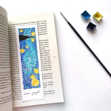 Van Gogh Watercolor Paintings, Van Gogh Bookmarks, Starry Night Bookmark, Starry Night Watercolor, Pencil Colour Painting, Van Gogh Watercolor, Handmade Bookmarks Diy, Starry Night Art, Van Gogh Inspired