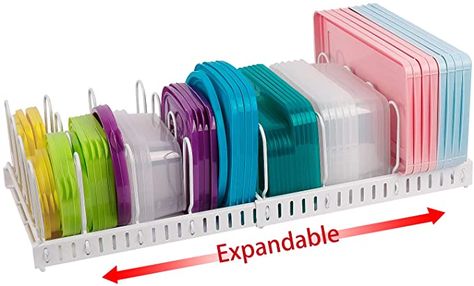 Amazon.com: Expandable Food Container Lid Organizer, Large Capacity Adjustable 10 Dividers Detachable Lid Organizer Rack for Cabinets, Cupboards, Pantry Shelves, Drawers to Keep Kitchen Tidy, White(Patent Pending): Home & Kitchen Organize Tupperware, Kitchen Cabinet Organization Layout, Tupperware Organizing, Pot And Pans Organization, Pot Lid Organization, Pan Organization, Pantry Shelves, Fridge Storage, Organize Everything