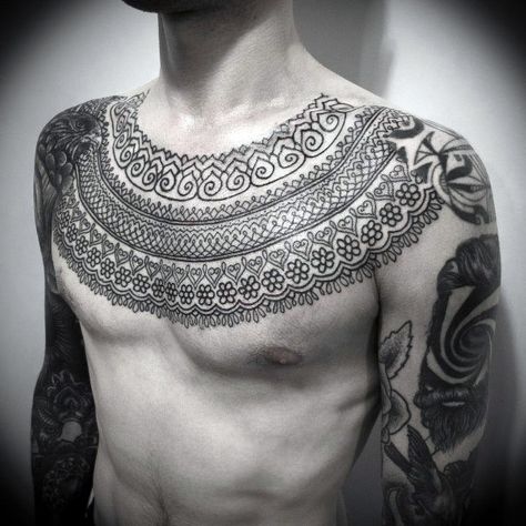 Henna Collar Bone Male Tattoos With Black Ink Collar Bone Tattoo For Men, Collar Tattoo, Cute Henna Tattoos, Tatuagem Masculina Pequena, Necklace Tattoo, Ancient Tattoo, Bone Tattoos, Egyptian Tattoo, Chest Tattoo Men