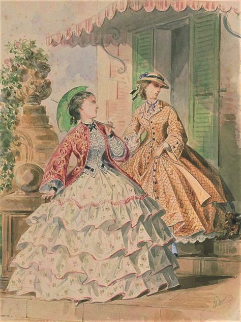 Fashion Plate - La Mode Illustree - 1861 1850s Fashion Plate, 1840s Fashion Plate, 19th Century Dress, 1899 Fashion, 1860s Fashion, 19th Century Women, 1860 Fashion, 19th Century Clothing, 1800s Fashion