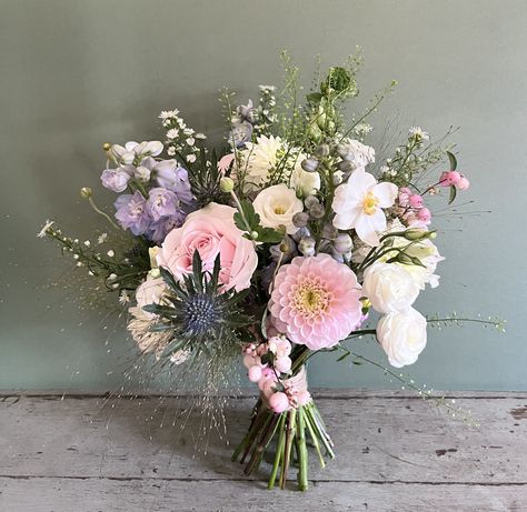 An early Autumn bouquet, in pastel shades, featuring japanese anemones, dahlias, asters and snowberries. China Aster Bouquet, Japanese Anemone Bouquet, Japanese Anemones, Autumn Bouquets, Dahlia Wedding Bouquets, Daffodil Bouquet, Anemone Bouquet, Elegant Wedding Bouquets, Dahlias Wedding