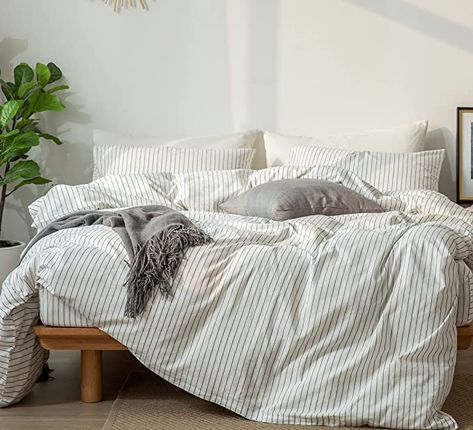 Amazon.com: MooMee Bedding Duvet Cover Set 100% Washed Cotton Linen Like Textured Breathable Durable Soft Comfy (Tannish Cream Grey, Queen) : Home & Kitchen Stripe Bedding, White Bed Set, Striped Duvet, Striped Duvet Covers, Bedding Duvet, Linen Sheets, Linen Duvet Covers, Linen Duvet, Comforter Cover