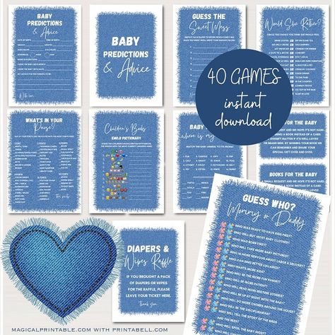 Baby Shower Games Printable – Printabell • Express Denim Baby Shower, Vintage Airplane Party, Games Template, Candy Guessing Game, Luau Baby Showers, Baby Shower Blue, Baby Word Scramble, Denim Baby, Baby Prediction