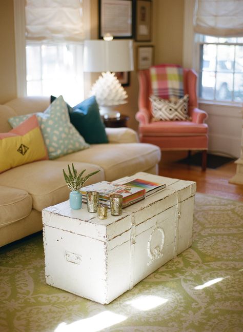 Photography: http://www.stylemepretty.com/portfolio/white-loft-studio | Read More: https://www.stylemepretty.com/living/2014/07/24/10-clever-coffee-table-alternatives/ Shabby Chic Trunk, Coffee Table Alternatives, Shabby Chic Coffee Table, Front Room Decor, Clever Coffee, Painted Trunk, Chic Coffee Table, Painted Coffee Tables, Camera Vintage