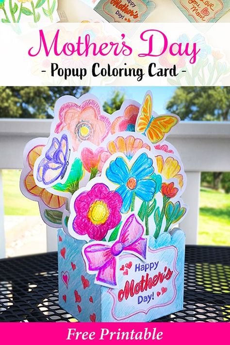 Mother's Day Pop Up Coloring Card > Craftidly Art To Print, Diy Mother's Day Crafts, Mother's Day Printables, Craft Booth Display, Free Printable Crafts, Fun Cards, Mothers Day Crafts For Kids, Handmade Kids, Mother's Day Diy