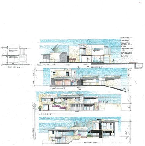 Elevation Rendering Hand, Elevation Sketch Architecture Hand Drawn, Elevation Drawings Architecture, Elevation Architecture, Colored Pencil Lessons, Rendering Techniques, Presentation Board Design, Tourist Center, Elevation Drawing