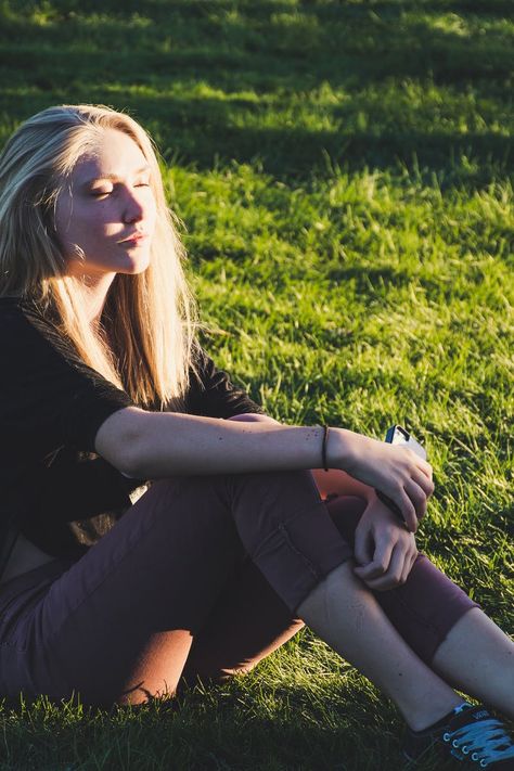 Photo of Woman Sitting on Grass · Free Stock Photo Rock Poses, Photo Of Woman, Yoga Images, Yoga Photos, Adobe Lightroom Cc, Blonde Woman, Body Reference Poses, White Rock, Woman Sitting