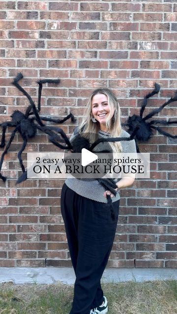 Sierra Miller | Content Creator on Instagram: "I asked for suggestions on how to hang spiders on a brick house and you guys came through! 🕷️Out of the two options I tried, I’d probably go with the Velcro since it seems a little more secure but both worked well! Comment LINKS to shop spiders and supplies 🔗
.
.
.
.
.
.
#halloweendecor #halloweendecorations #halloweenhouse #halloweenhousedecor #halloweenhome #halloweenhomedecor #giantspiders #hangingspider #halloweenoutdoordecor #halloween2024 #halloweenspiders" Spider House Halloween, Outdoor Spider Decorations, How To Hang Spiders On House, Spider Decorations Halloween Outdoor, Spiders On House Halloween, Spider House, Outside Halloween Decorations, Halloween Spider Decorations, Spider Decorations