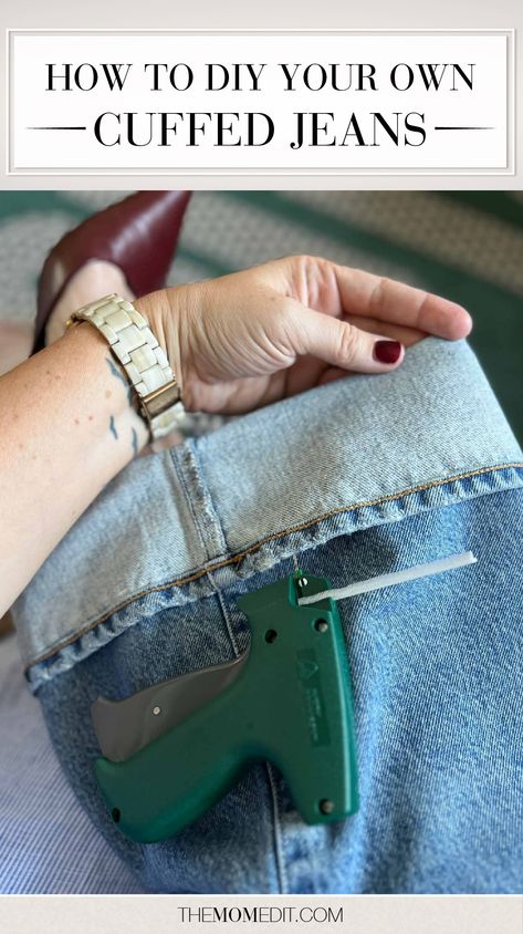 how to cuff wide leg jeans, cuffed jeans, wide-leg jeans, cuffed jeans tutorial, cuffed jeans diy | #TheMomEditStyle #CuffedJeans #WideLegJeans How To Roll Wide Leg Jeans, Hemming Cuffed Pants, Jeans Cuff Hacks, Diy Cropped Jeans, How To Roll Up Wide Leg Jeans, How To Cuff Flare Jeans, How To Hem Wide Leg Jeans, Cuffing Wide Leg Jeans, Cuffed Wide Leg Jeans