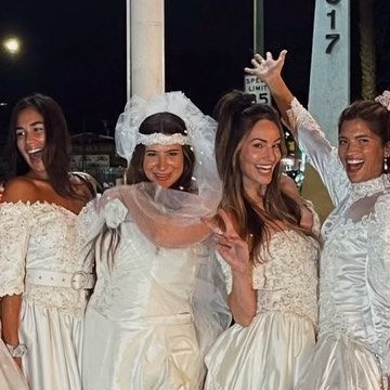 R O C K Y B A R N E S on Instagram: "Thrifted a bunch of wedding dresses for @rachelzeilic ‘s bachelorette! BEST NIGHT EVER!💒" Goodwill Wedding Dress Bachelorette, Tacky Wedding Dress Bachelorette, Thrifted Wedding Dress Bachelorette, Goodwill Dress Bachelorette Party, Bachelorette Wedding Dress Party, Op Shop Wedding, Cool Girl Bachelorette, Wedding Dress Bachelorette Party, Trashy Wedding