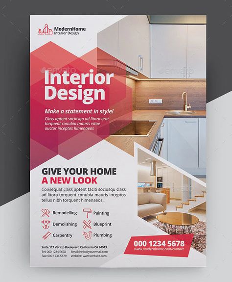 Interior Design Flyer Template PSD Interior Design Advertisement Poster, Interior Design Flyer Templates, Pamplet Layout Graphic Design, Interior Designer Brochure, Poster For Interior Design, Brosure Design Layout, Interior Design Poster Layout, Interior Design Advertising Poster, Interior Designer Flyer