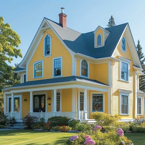 Pastel Yellow and Hazy Blue for Soft, Dreamy House Exteriors • 333+ Inspiring Lifestyle Ideas Small House Colors Exterior, American Houses Exterior, Cute Beach House Exterior, Yellow House Aesthetic, Yellow Siding, Craftsman House Exterior, Yellow House Exterior, Exterior House Colours, Barn Remodel