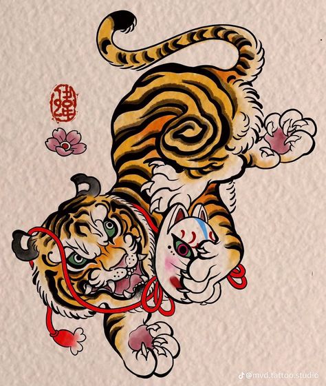 Traditional Japanese Tiger Tattoo Design, Asian Tiger Drawing, Tiger Peony Tattoo, Japanese Tiger Drawing, Trad Tiger Tattoo, Japanese Tattoo Tiger, Kon Tattoo, Tiger Japanese Art, Tiger Japanese Tattoo