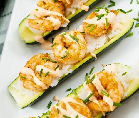 Siracha Sauce, Shrimp Boats, Flavorful Shrimp, Summer Zucchini, Shrimp Boat, Gluten Free Chili, Zucchini Slice, Spicy Mayo, Cool Restaurant