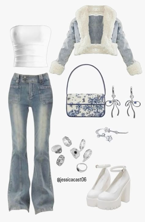 Cute Outfits White Background, 2000 Winter Fashion, Cute Outfit Layouts, 2000 Style Outfits, 2000s Fashion Outfits Winter, Outfit Ideas Kawaii, Light Blue Outfits, Outfit Claims, 2000s Style Outfits