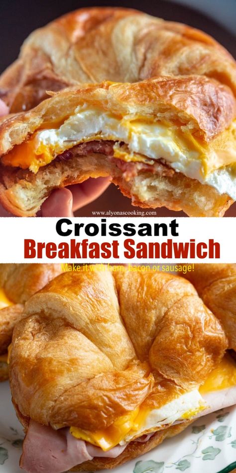 A Croissant Breakfast Sandwich like your favorite drive-thru! Toasted croissants are topped with ham or bacon, eggs, and cheese! Simple but one tasty breakfast sandwich! Make Ahead Bacon Egg And Cheese Sandwich, Croissant Breakfast Sandwich Bacon, Ham Egg And Cheese Croissant Breakfast, Make Ahead Breakfast Sandwiches Croissant, Crasaunts Sandwich, Croissant Breakfast Sandwich Make Ahead, Egg Crossiant Sandwich, Toasted Ham And Cheese Croissant, Ham Egg And Cheese Breakfast Sandwiches