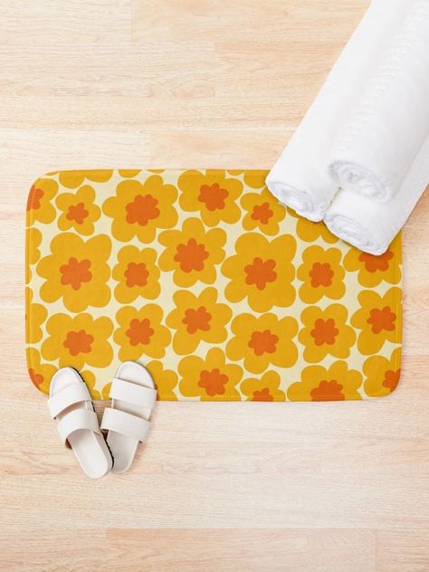 "70s retro hippie flowers in yellow and orange" Bath Mat for Sale by natalisapattern | Redbubble Orange Bath Mat, Flowers Bathroom, Orange Bath, Hippie Flowers, 70s Retro, Orange And Yellow, Yellow Flowers, Bath Mat, Century Modern