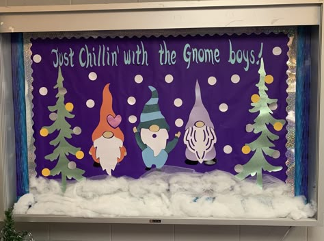 Gnome Office Decor, Gnomes Book, Winter Bulletin Boards, Gnome Door, Library Bulletin Boards, School Decor, Office Door, Student Council, Christmas Classroom