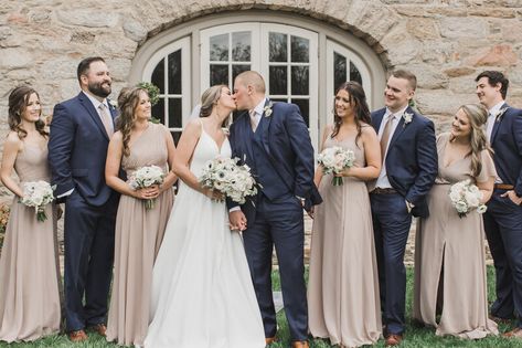 Blue Suits And Champagne Dresses, Navy Suits Taupe Dresses, Champagne Bridesmaid Dresses With Navy Blue Groomsmen, Tan And Navy Wedding Party, Neutral Bridesmaid Dresses Winter, Taupe Bridesmaid Dresses Navy Suits, Taupe And Navy Blue Wedding, Champagne Bridesmaid Dresses Navy Suits, Taupe And Navy Wedding Party