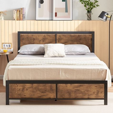 VECELO Platform Queen Size Bed Frame with Wood Headboard - Bed Bath & Beyond - 32875098 Metal Platform Bed Frame, Queen Size Platform Bed, Wooden Headboard, Queen Size Bed Frames, Twin Bed Frame, Beds And Headboards, Metal Platform Bed, Wood Headboard, Metal Bed