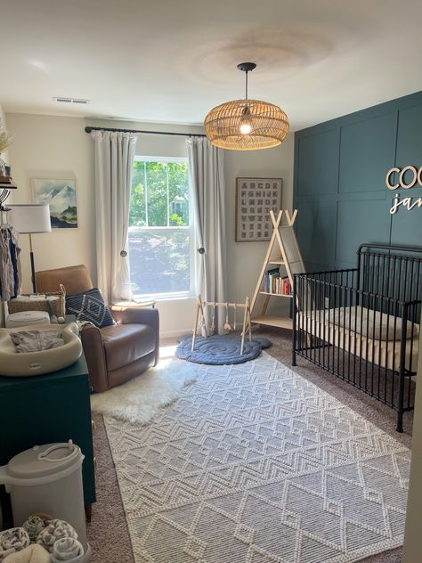 P Blue And Tan Nursery, Green And Blue Nursery Gender Neutral, Boy Nursery Blue Accent Wall, Blue Boho Nursery, Navy Blue Nursery Gender Neutral, Teal Nursery Gender Neutral, Boho Nursery Boy, Amanda Martin, Navy Blue Nursery Boy Bed Bath & Beyond