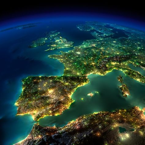 It may be hard to believe, but this is not a real image of Earth from space at night. Satellite Photos Of Earth, Earth At Night, Earth Photos, Space Images, Relief Map, Earth From Space, Western Europe, Interstellar, North Africa