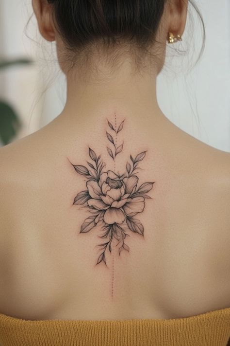 Back tattoo of a large flower with detailed petals and leaves. Peony Back Tattoo, Back Neck Tattoo For Women, Tattoo Upper Back, Back Tattoo Designs For Women, Back Tattoo Inspiration, Back Of Neck Tattoos For Women, Upper Back Tattoo, Back Tattoos For Women, Back Tattoo Designs