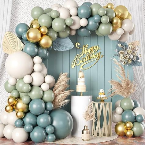 Amazon.com: Dusty Sage Green Blue Gold Balloon Garland Kit, 107 PCS Pastel Olive Green Slate Blue Beige Metallic Gold Balloon Arch Kit for Women Men Boho Birthday Wedding Baby Bridal Shower Party Decorations : Toys & Games Dinosaur Birthday Party Decorations, Floral Balloons, Green Balloon, Dinosaur Theme Party, Gold Birthday Party, Boho Birthday, Arch Kit, White Balloons, Blue Balloons