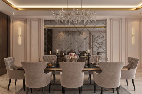 Neo Classic Dinning Room Design, Dinning Room Neo Classic, Dining Room New Classic, Luxury Dining Room Decor Classy, Dining Room Luxury Design, Fancy Dinning Room Elegant Dining, Dining Room Design Mirror, Modern Luxe Dining Room, Dining Room Wall With Mirror