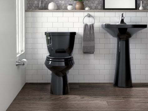 Powder Room With Black Toilet, Black Toilet Seat Bathroom Ideas, Black Wc Toilets, Bathroom With Black Toilet, Black Toilet Bathroom Ideas, Cooper Bathroom, Bathrooms 2023, Black Bathrooms, Academy Design