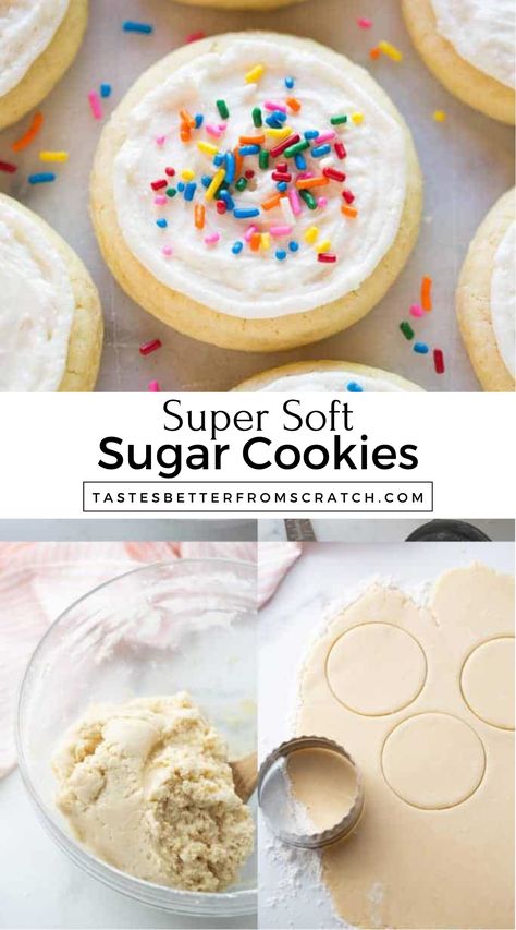 Easy Super Soft Sugar Cookies recipe. Perfect for decorating with icing. Fun holiday cookie ideas. Better Homes And Gardens Sugar Cookie Recipe, Sugar Cookie Cutout Recipe Best, Super Soft Sugar Cookies, Frosted Sugar Cookies Recipe, Easy Sugar Cookies Recipe, Best Soft Cookies, How To Make Sugar Cookies, Sugar Cookie Recipe Cut Out, Easy Soft Sugar Cookie Recipe