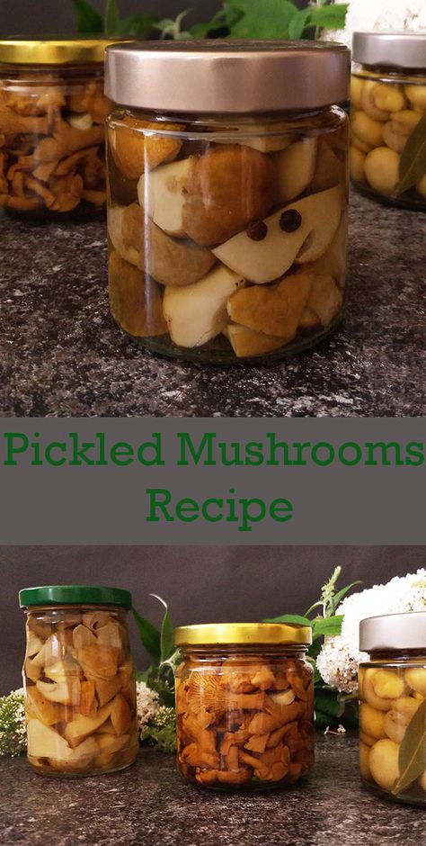 Pickled Mushrooms Recipe is quick and easy canned food. Sooo many dishes to combine this gluten free low carb vegan food: perfect as appetizer, in salad, with veggies, as snack or combined with your dinner. To make it spicy, add some peperoncini or chili. Your friends will enjoy it every way. Pickling Mushrooms, Mushroom Pickle, Canning Pickled Mushrooms, Pickled Mushrooms With Garlic, Pickled Shitake Mushrooms, Pickled Mushrooms Recipe, Pepperocini Recipes, Water Bath Canning Recipes, Low Acid Recipes