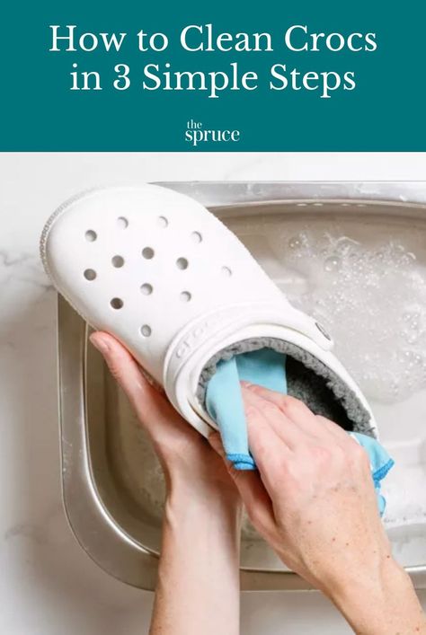 Learn how to clean all types of Crocs in three simple steps, from the classic plastic versions to other kinds and materials. #howtoclean #cleaningguide #thespruce #cleaningtipsandtricks #lifehacks How To Clean Fuzzy Crocs, How To Clean Crocs With Fur, How To Wash Crocs, How To Clean Crocs Shoes, Cute Outfit With Crocs, How To Clean Crocs, Fuzzy Crocs Outfit, Cleaning Crocs, Crocs Outfit Winter