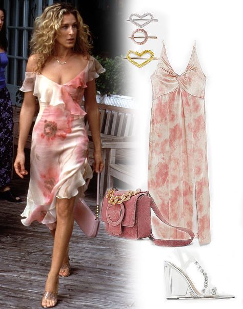 Carrie Bradshaw's Asymmetrical Floral Dress Carrie Bradshaw Floral Dress, Carrie Bradshaw Dress, Carrie Bradshaw Dresses, Carrie Bradshaw Outfits, Casual Attire For Women, Floral Sundress, Carrie Bradshaw, Dyed Dress, Pink Outfits