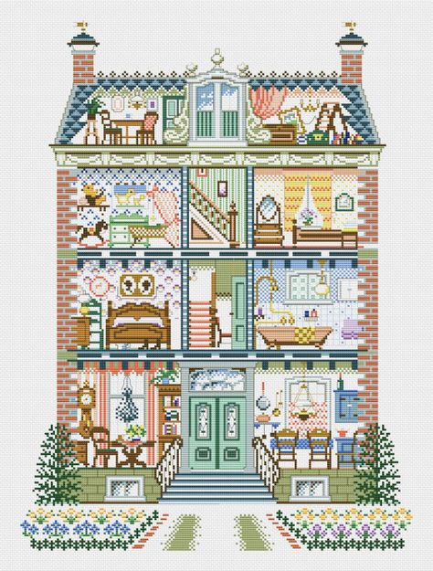 House Quilt Patterns, Stitch Doll, Cross Stitch House, Cross Stitch Landscape, Crochet Dolls Free Patterns, Beadwork Embroidery, Needlework Crafts, Small Cross Stitch, House Quilts