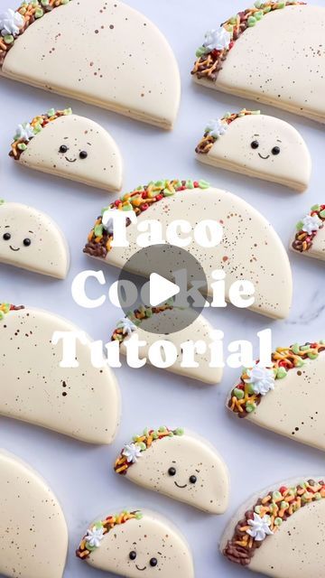 Mandy Edmunds on Instagram: "Let’s taco ‘bout making some adorable cookies for your next fiesta! These cookies are perfect for your “Taco ‘bout a Baby” shower theme, Cinco de Mayo, or anytime!   In this tutorial, I also show you how to cut your tipless piping bag to create a leaf tip. Simply flatten your tip with the seam up and cut a v-shape. Easy!  If you want to make cute little baby tacos with faces, just drop two black sprinkle “eyes” into your light yellow “taco shell” flood while it’s still wet. I like PME Brand sugar pearls because they aren’t too hard to bite, and the color doesn’t bleed! When your cookie is dry, just use a black edible marker to draw a smile.  Americolor gels I used: Chocolate Brown (Meat) Super Red (Tomatoes) Electric Green (Lettuce) Egg Yellow (Taco Shell) Egg Taco Shaped Cookies, Taco Cookies Royal Icing, Cupcake Shaped Cookies, Taco Decorated Cookies, Sombrero Cookies Decorated, Taco Bout A Baby Cookies, Taco Baby Shower Cookies, Taco Sugar Cookies, Mexican Themed Cookies