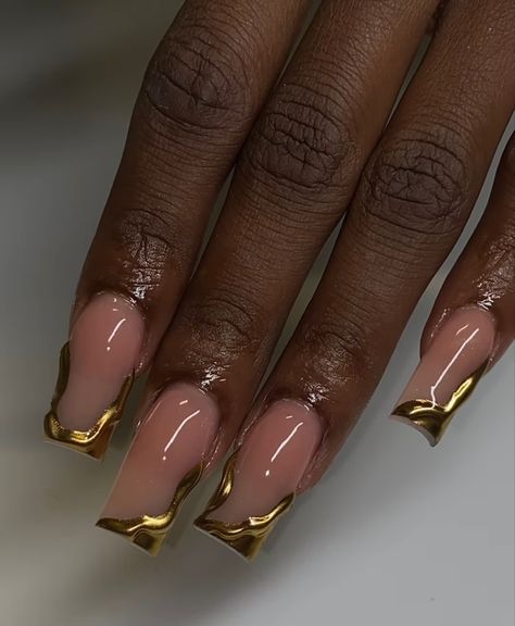 Gold Chrome Square Nails, Gold Chrome Nails Designs Square, Gold Crome Nails French, Gold Accent Nails Acrylic, Gold And Hot Pink Nails, Hot Pink And Gold Nails Design, Gold Drip Nails, Gold Chrome French Tip Nails, Gold Design Nails