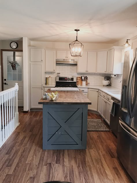 Kitchen island diy. Slate tile by sherwin Williams. Painted stair railing. Kitchen Renovation. DIY painted kitchen cabinets. Farmhouse Blue Kitchen Tiles, Diy Kitchen Cabinets Painting, Kitchen Pantry Cabinet, Painted Kitchen Cabinets Colors, Pantry Cabinets, Blue Kitchen Cabinets, Farmhouse Kitchen Island, Farmhouse Kitchen Cabinets, Paint Kitchen